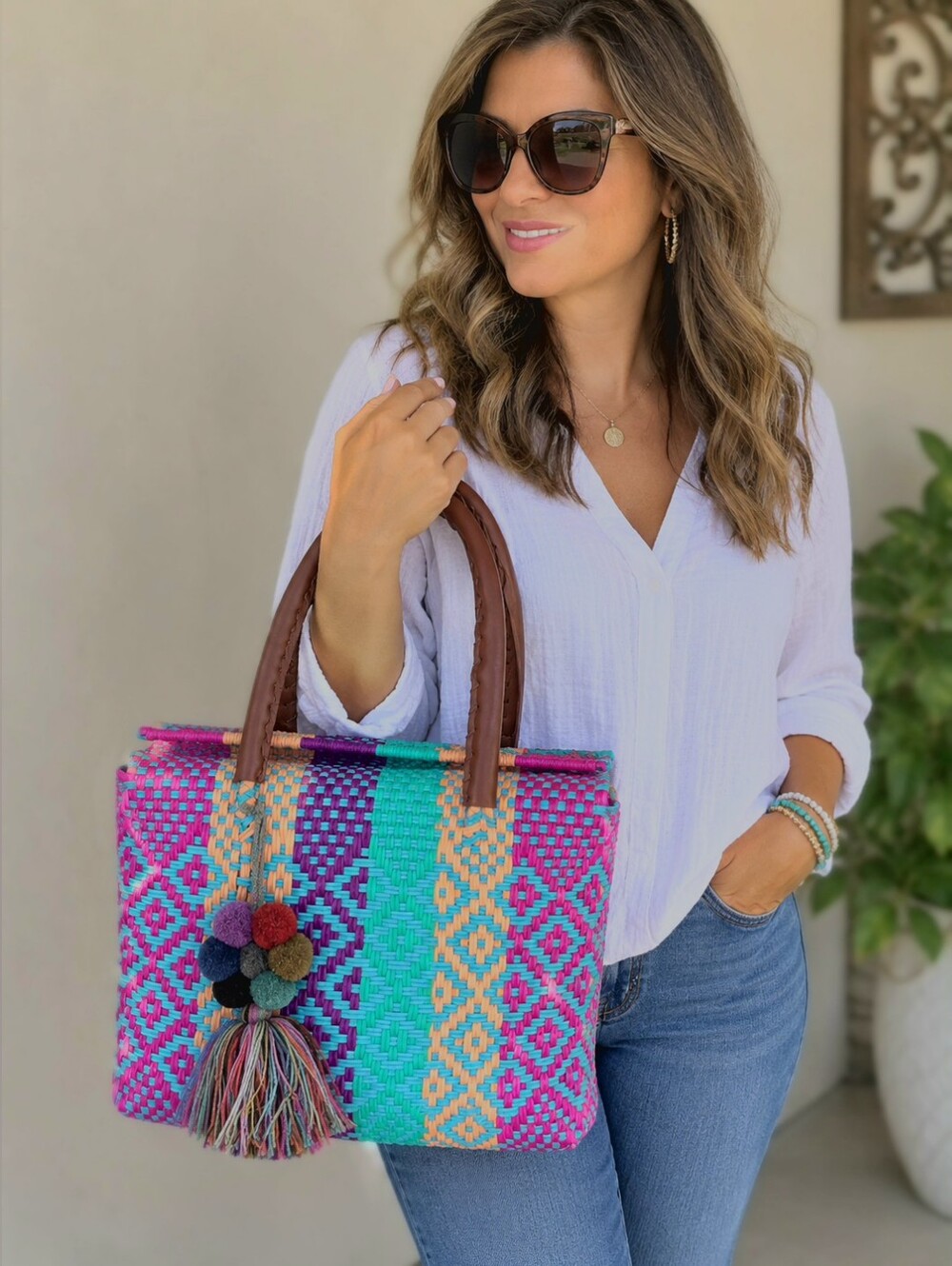 Handwoven Multicolor Tote Bag with Pom Tassel